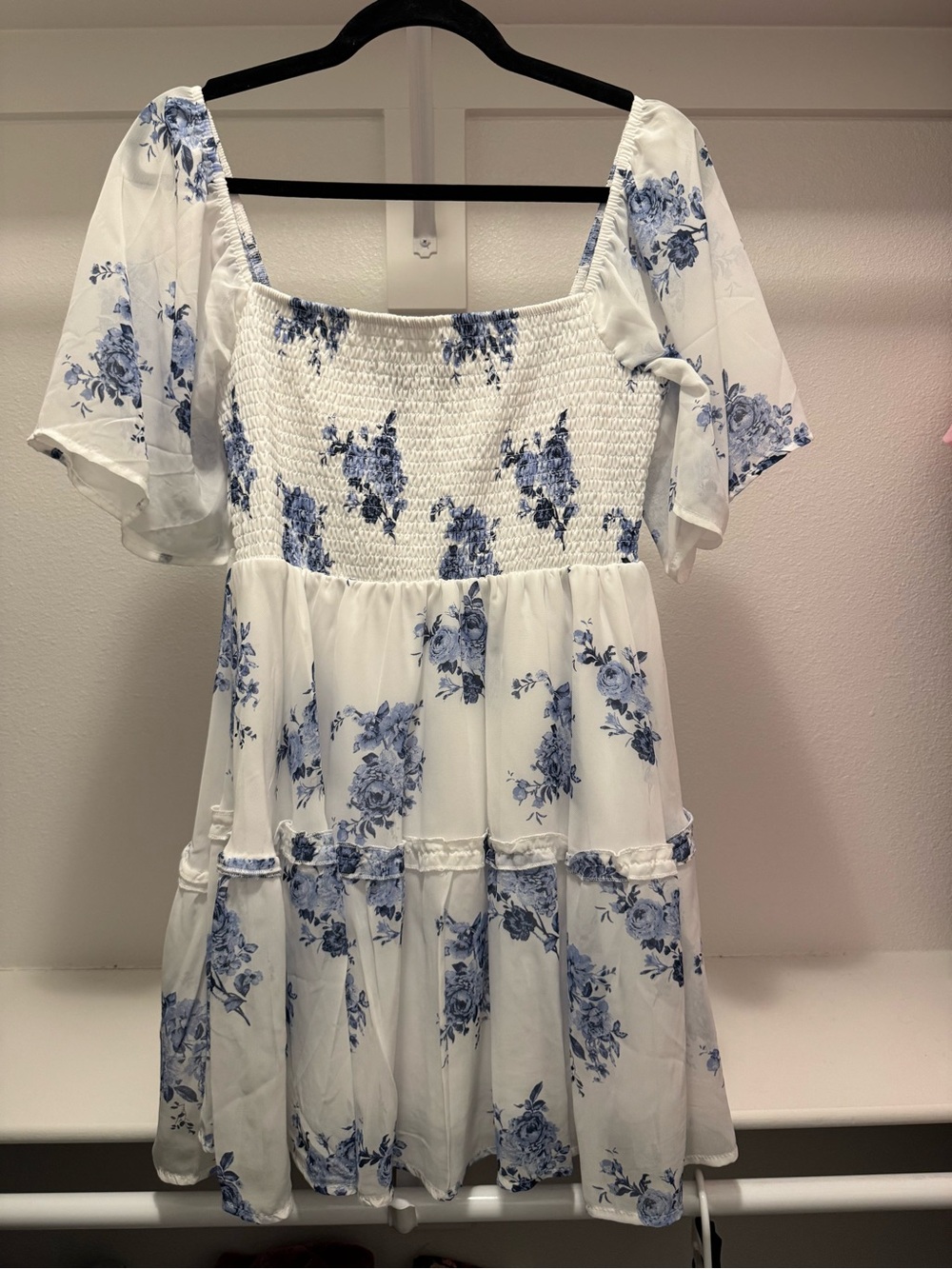 Justify White Smocked Top with Blue Floral Accents